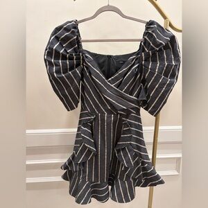 C/MEO Collective Dark Grey and White Striped Puffy Sleeve Mini Dress Size Small